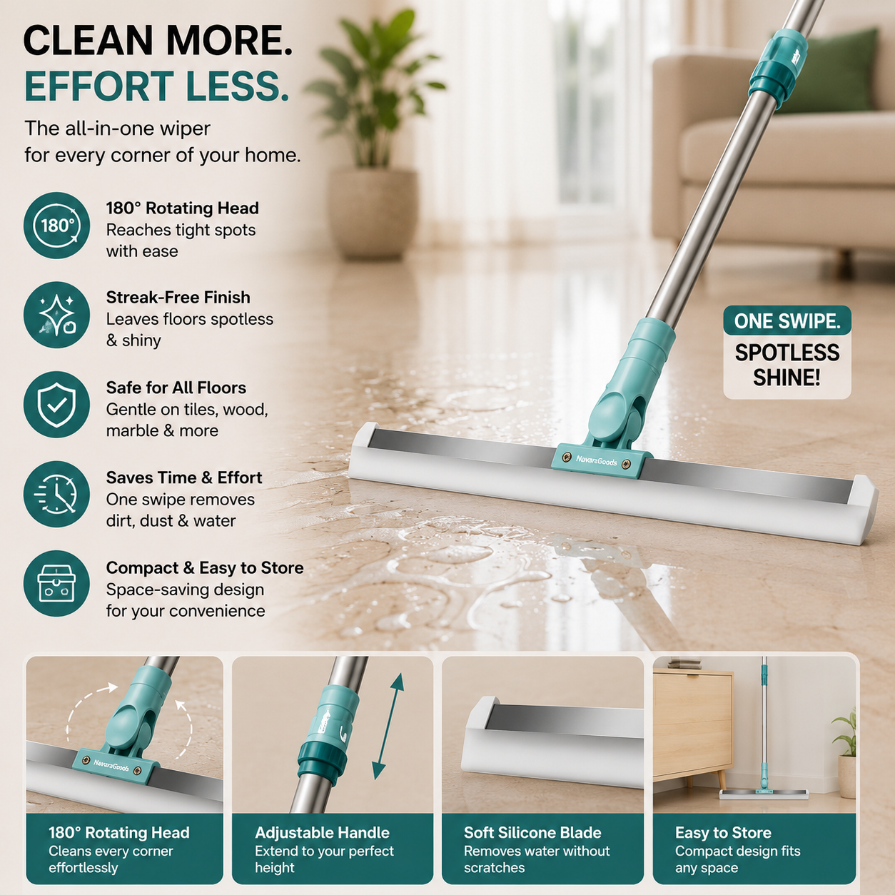 AquaSweep — Multipurpose Floor Wiper | 180° Rotating Silicone Blade | Wet & Dry Use