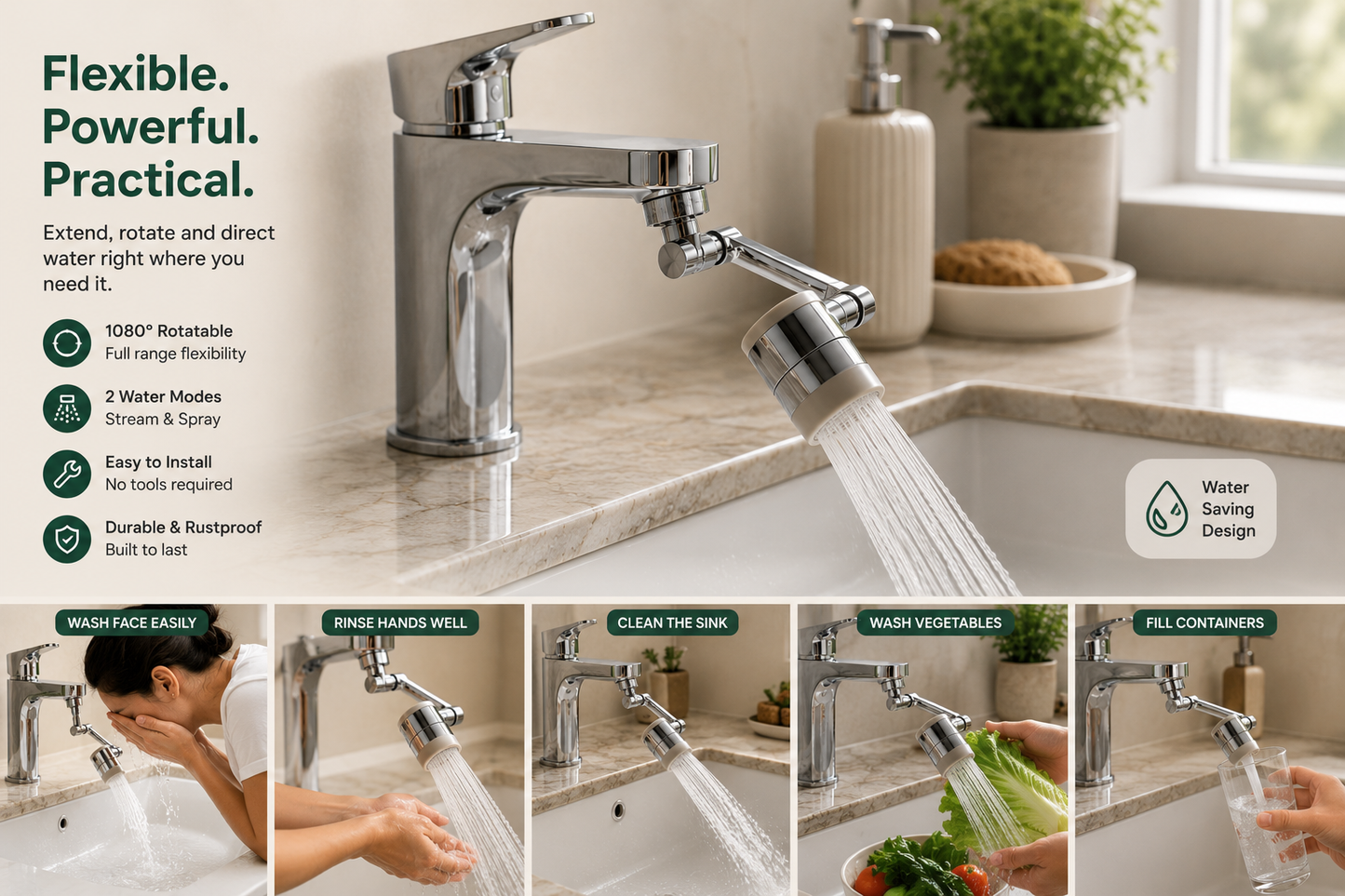 FlexiTap™ – Rotating Faucet Extender | 360° Swivel Head | Stainless Steel | Fits Most Taps