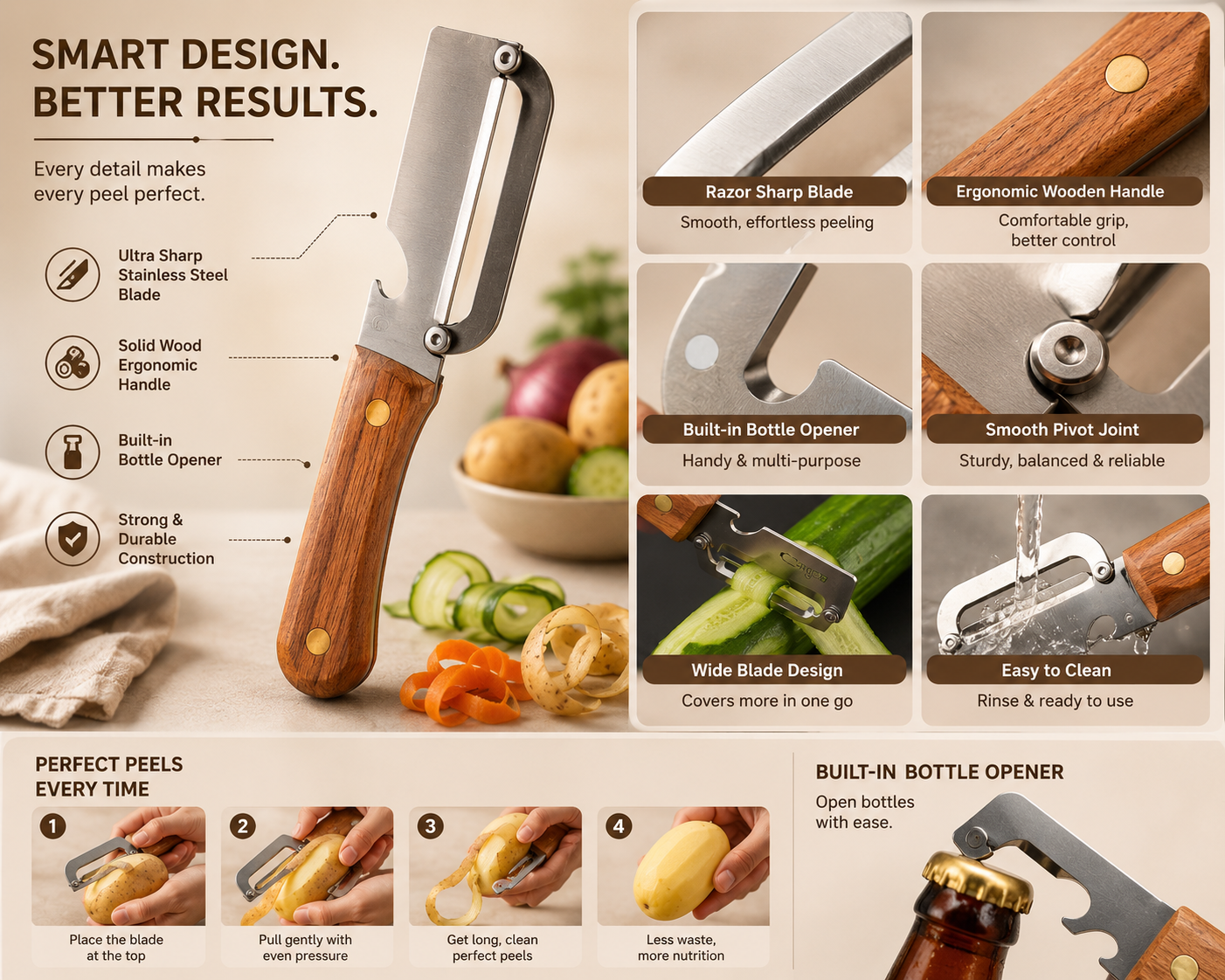 PeelEdge™ – Ultra-Sharp Multi-Function Peeler | Solid Wood Handle | Bottle Opener | For Hard Veggies & Fruit