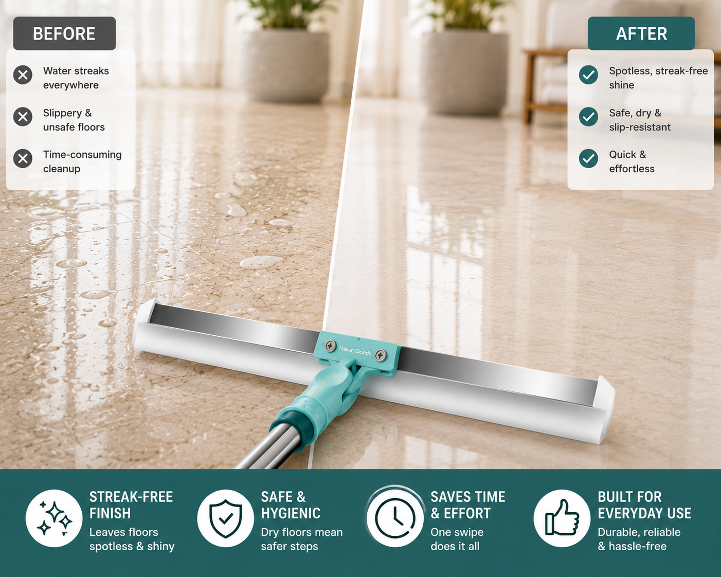 AquaSweep™ — Multipurpose Floor Wiper | 180° Rotating Silicone Blade | Wet & Dry Use