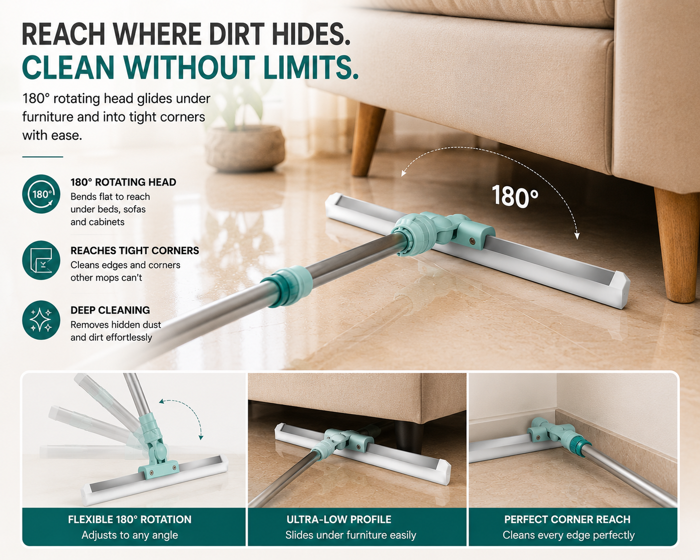 AquaSweep™ — Multipurpose Floor Wiper | 180° Rotating Silicone Blade | Wet & Dry Use
