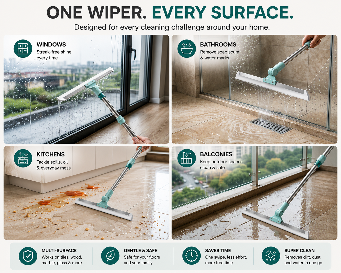 AquaSweep™ — Multipurpose Floor Wiper | 180° Rotating Silicone Blade | Wet & Dry Use