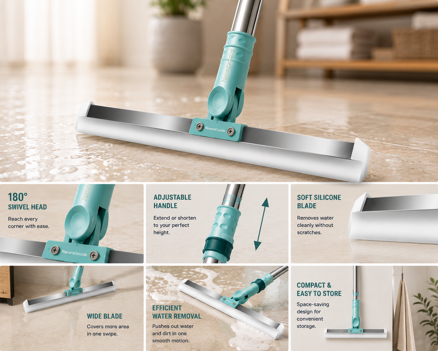AquaSweep™ — Multipurpose Floor Wiper | 180° Rotating Silicone Blade | Wet & Dry Use