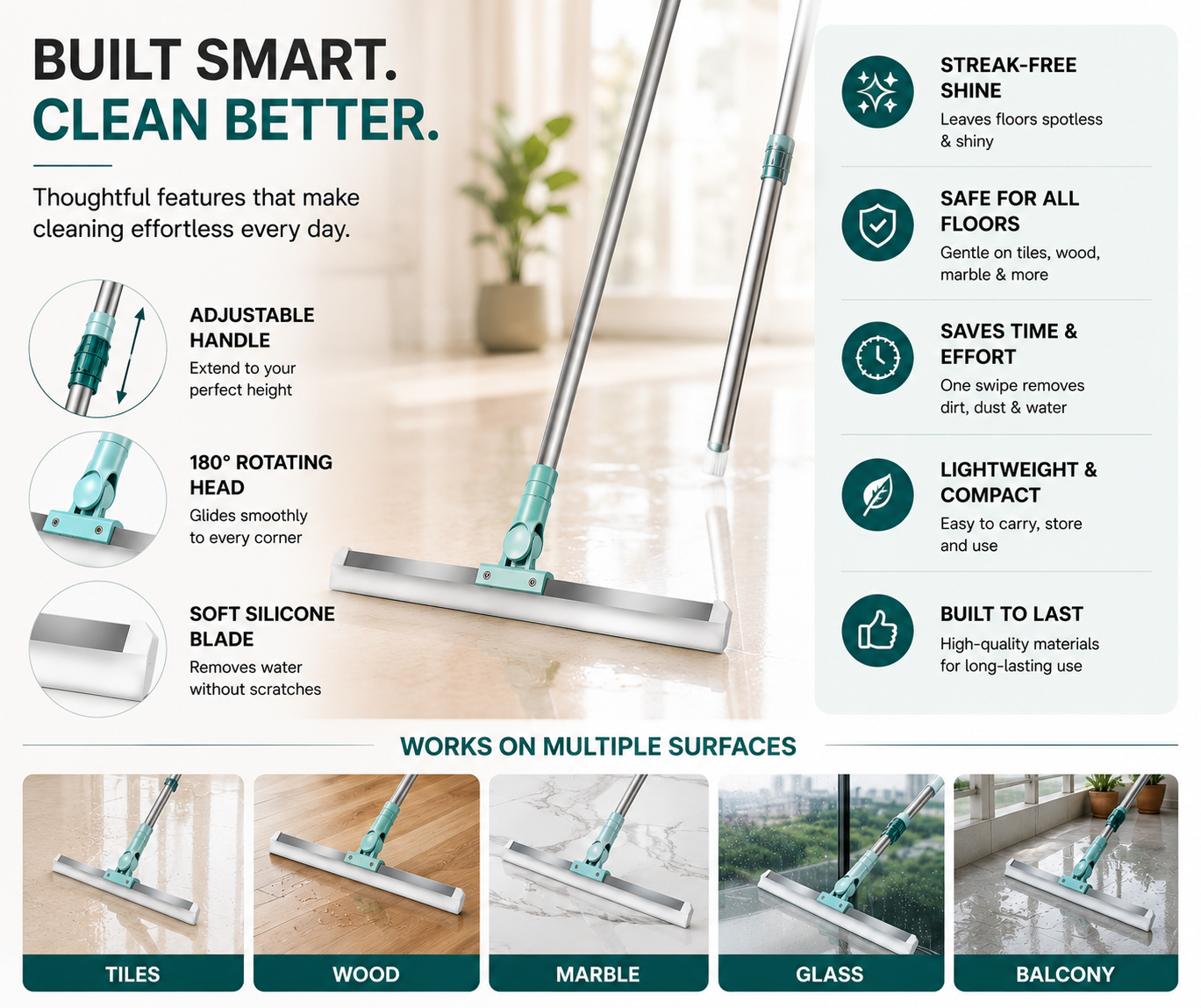 AquaSweep™ — Multipurpose Floor Wiper | 180° Rotating Silicone Blade | Wet & Dry Use