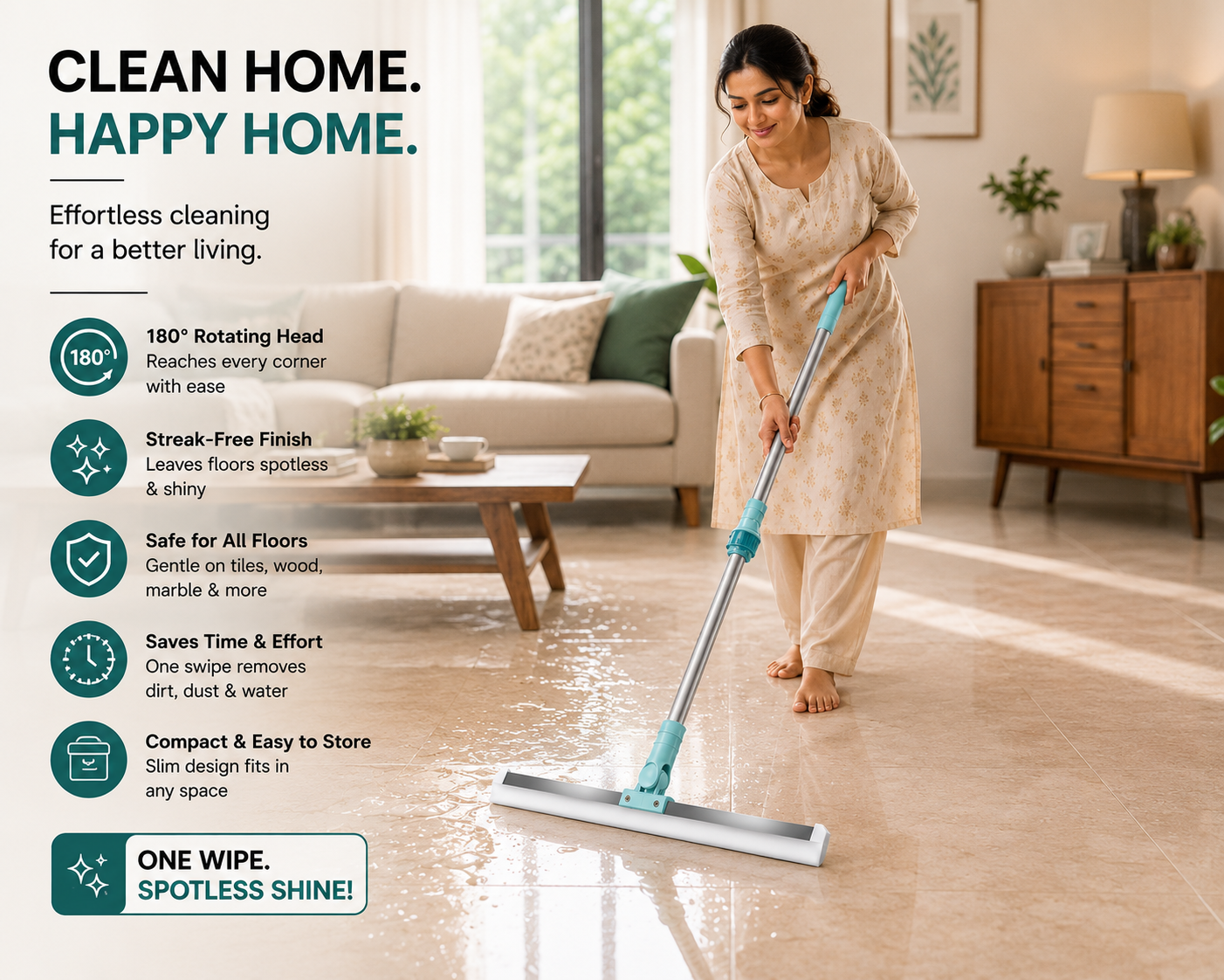 AquaSweep™ — Multipurpose Floor Wiper | 180° Rotating Silicone Blade | Wet & Dry Use