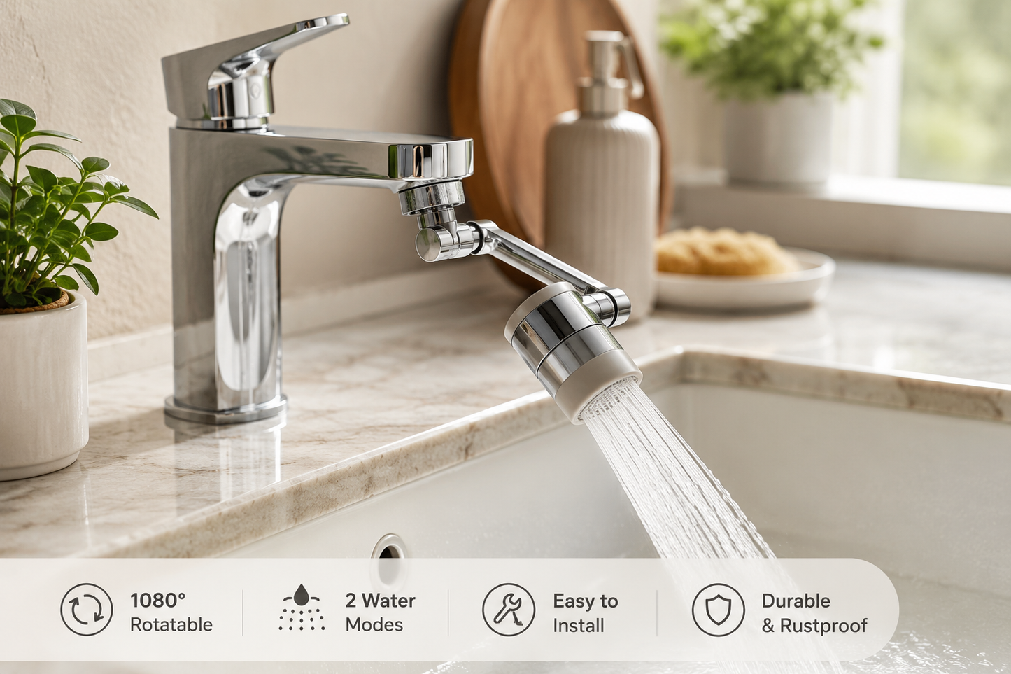 FlexiTap™ – Rotating Faucet Extender | 360° Swivel Head | Stainless Steel | Fits Most Taps