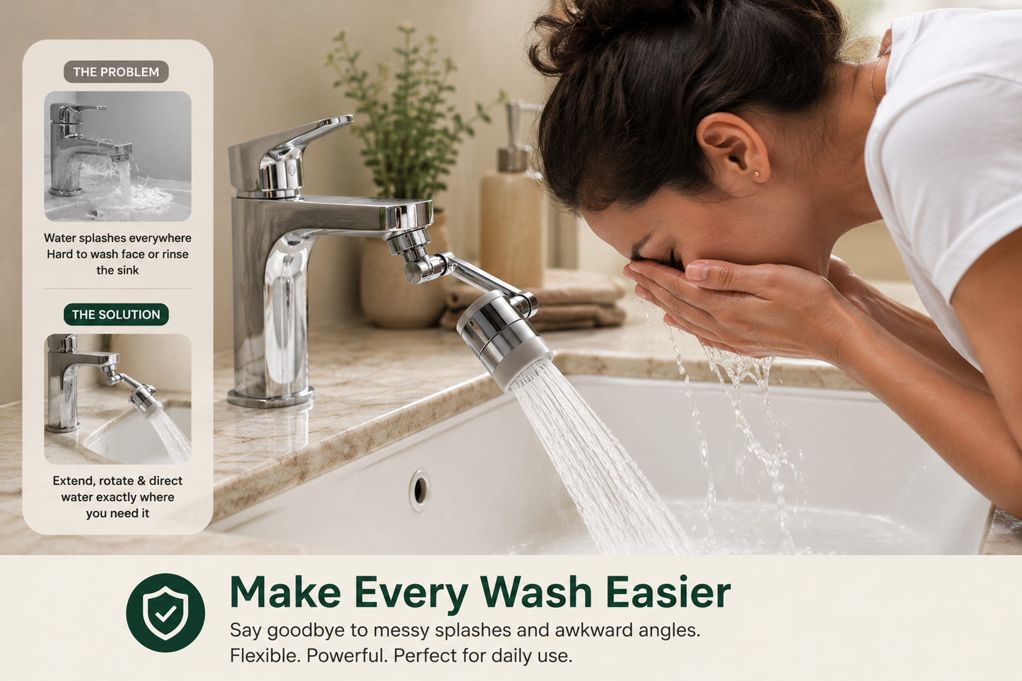 FlexiTap™ – Rotating Faucet Extender | 360° Swivel Head | Stainless Steel | Fits Most Taps