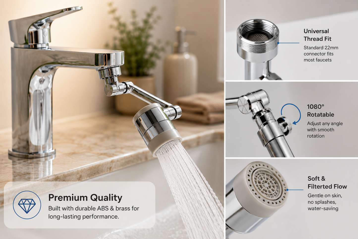 FlexiTap™ – Rotating Faucet Extender | 360° Swivel Head | Stainless Steel | Fits Most Taps