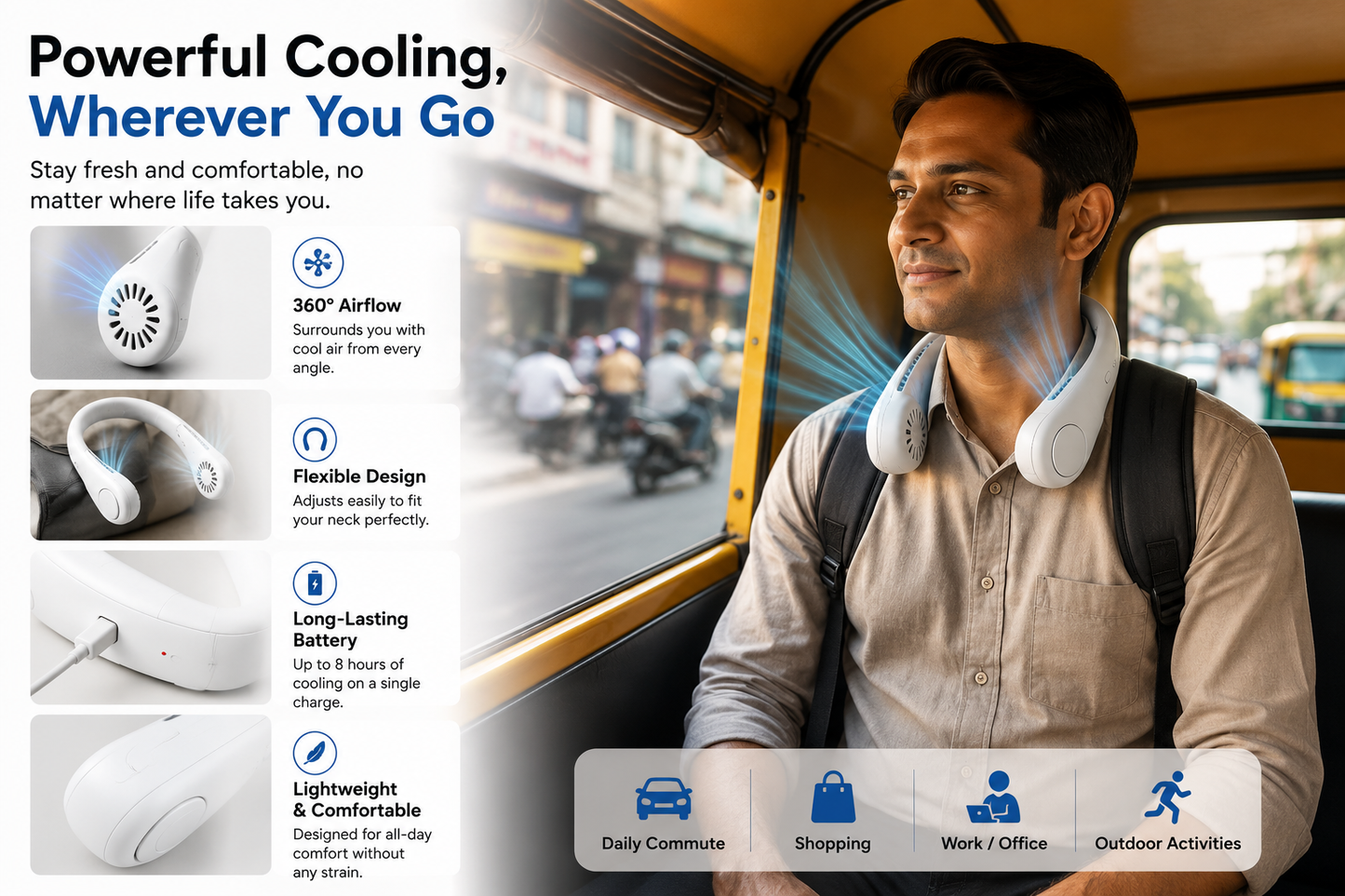 BreezeCollar™ – Wearable Neck Fan | Bladeless Hands-Free Cooling