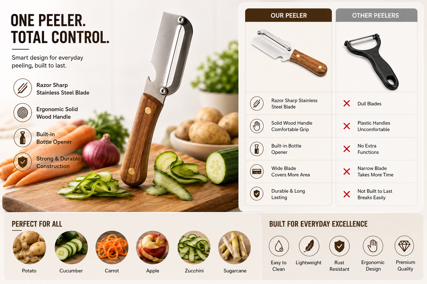 PeelEdge™ – Ultra-Sharp Multi-Function Peeler | Solid Wood Handle | Bottle Opener | For Hard Veggies & Fruit