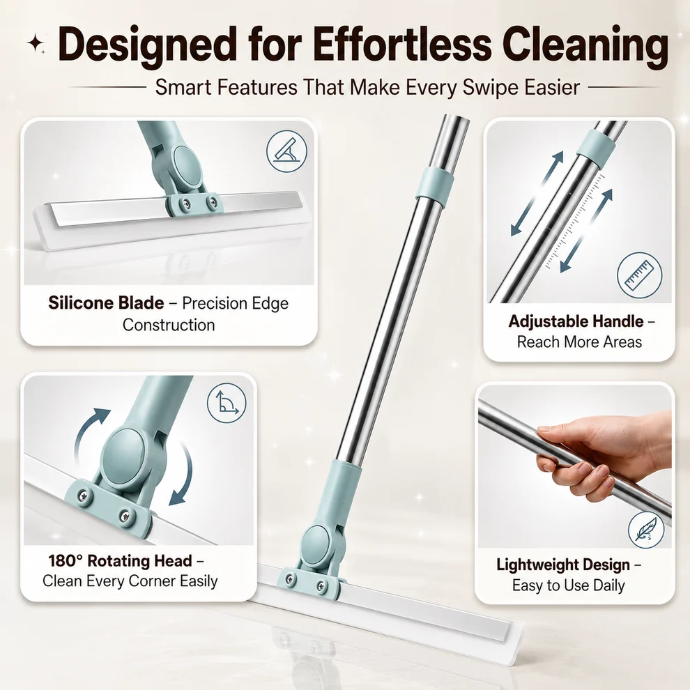 AquaSweep — Multipurpose Floor Wiper | 180° Rotating Silicone Blade | Wet & Dry Use