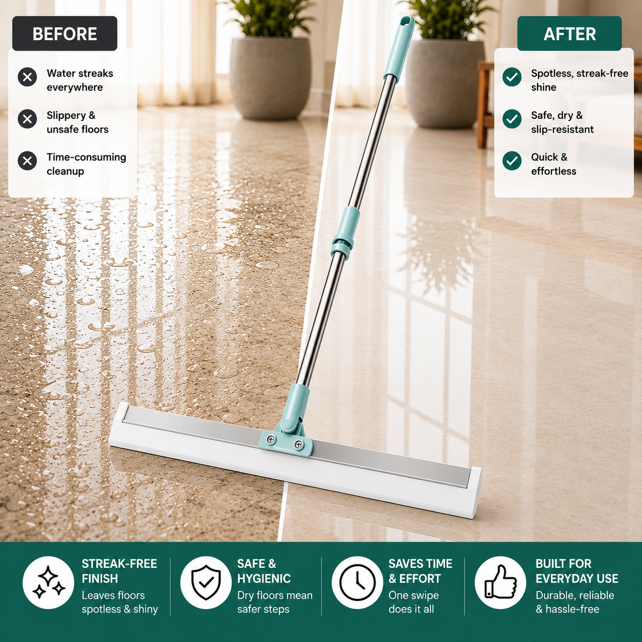 AquaSweep — Multipurpose Floor Wiper | 180° Rotating Silicone Blade | Wet & Dry Use